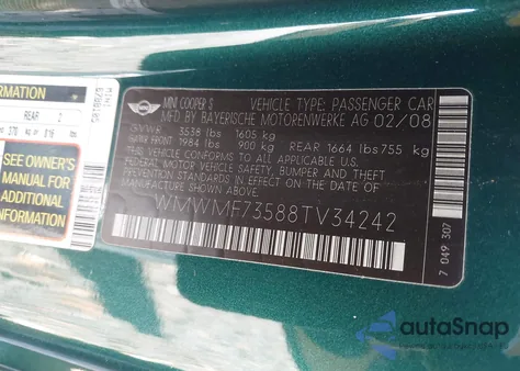 2008 Mini Cooper S z USA, uszkodzony, nr VIN WMWMF73588TV34242